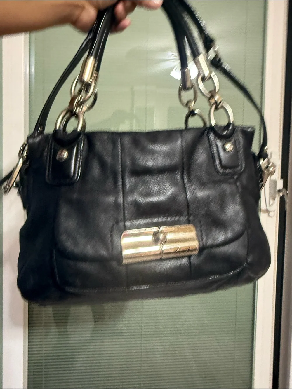 Coach Black Leather Satchel Handbag with Silver Hardware